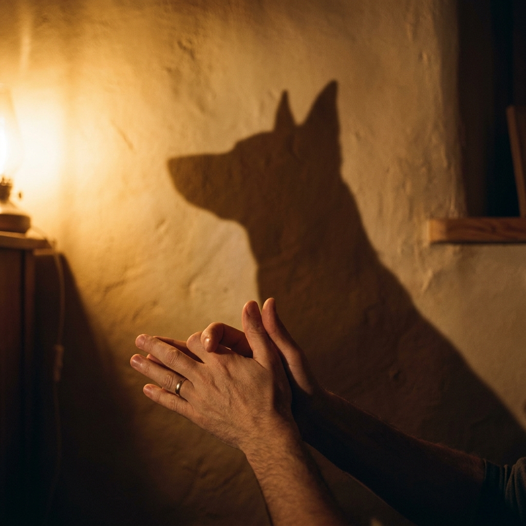 Hand shadow forming a dog