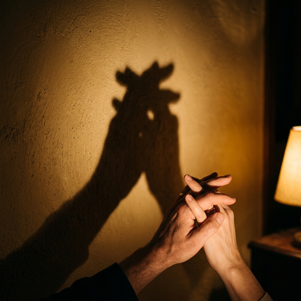 Shadow play of two hands holding each other on a warm lamplit wall